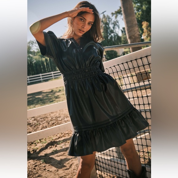 Faux Leather Puff Short Sleeve Smocking Dress - Picture 2 of 5